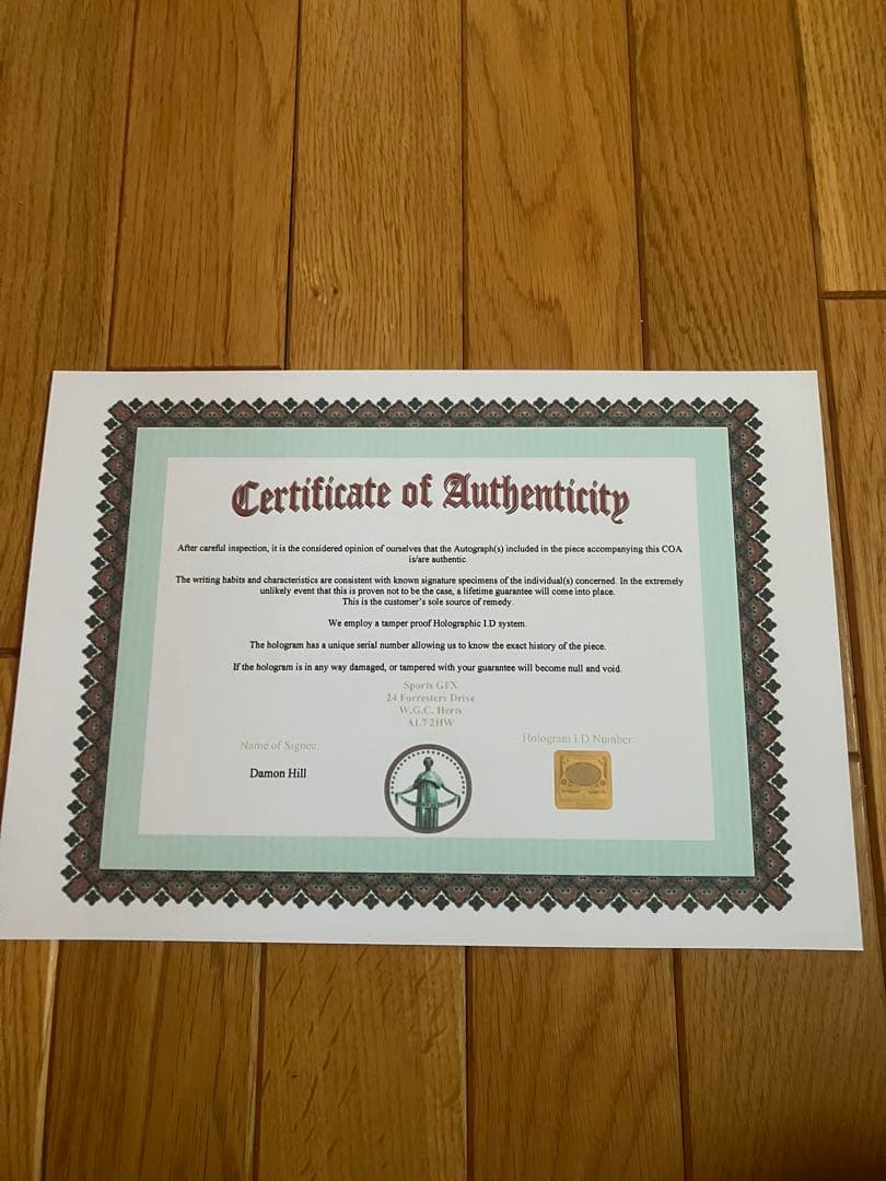 デーモン　ヒル　直筆サイン　ウィリアムズルノー　1993 証明書付き