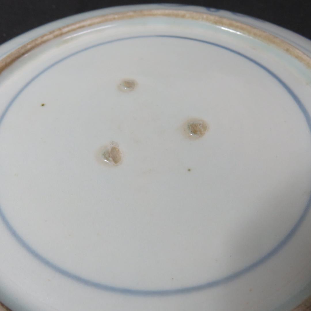 古伊万里 中皿 染付 4枚 甘手 蛤チップ 歪み 貫入 獅子 江戸