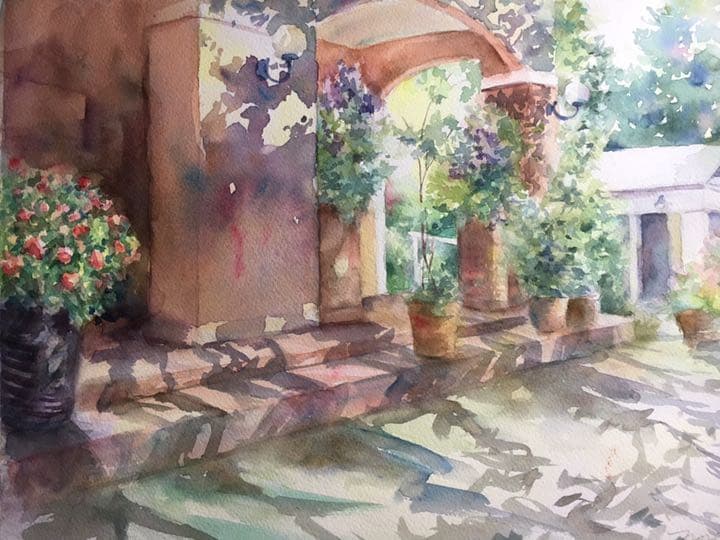 水彩原画バラクライングリッシュガーデン光と影➁ひかりあふれて…