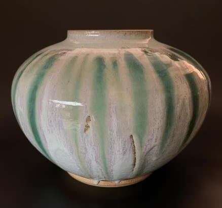 会津本郷焼 宗像窯 七代目 宗像亮一 大作 土灰白釉青流 蓋付 飾り壺