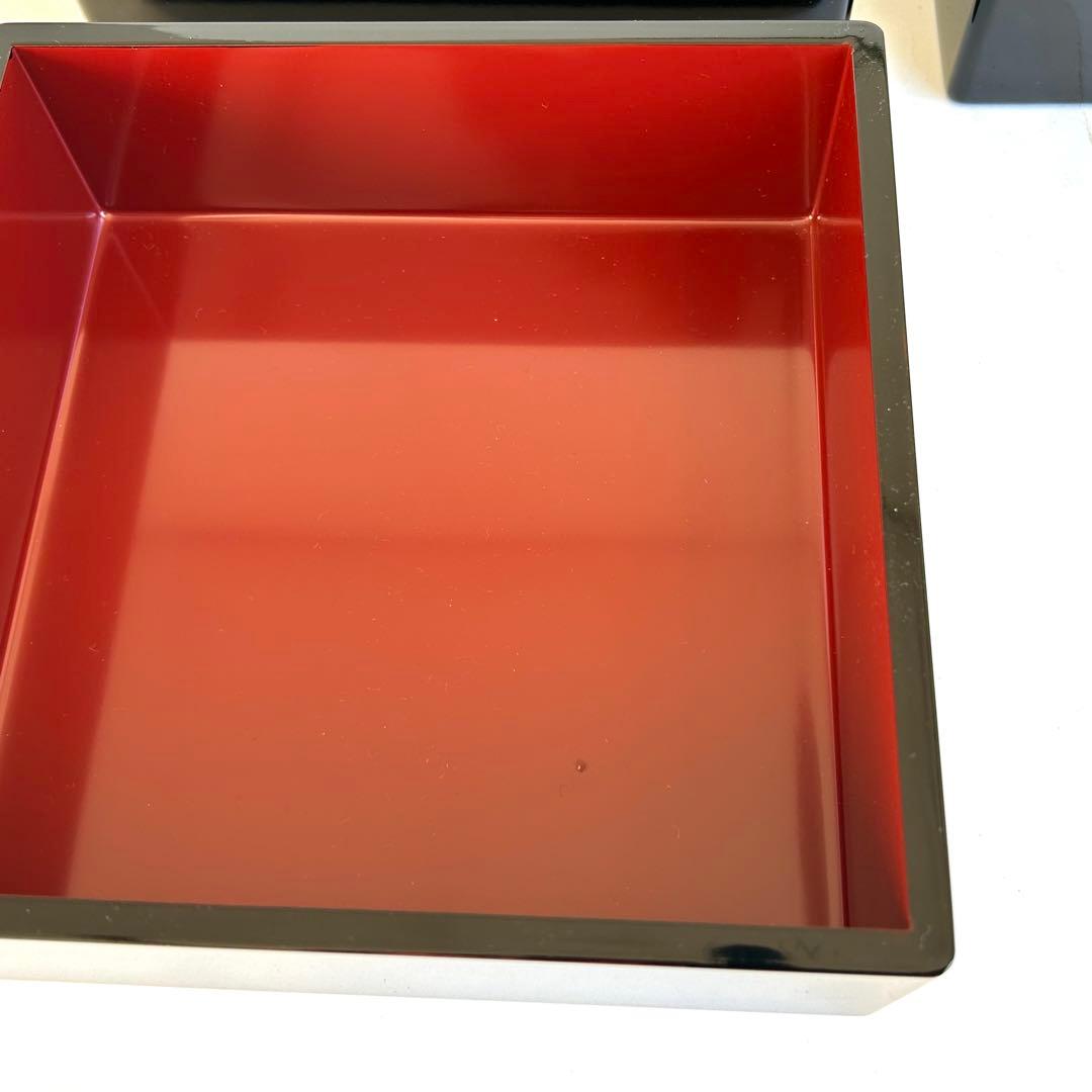 【美品】木製 漆器 三段重 黒塗 重箱 お重 黒 内朱 会津塗り