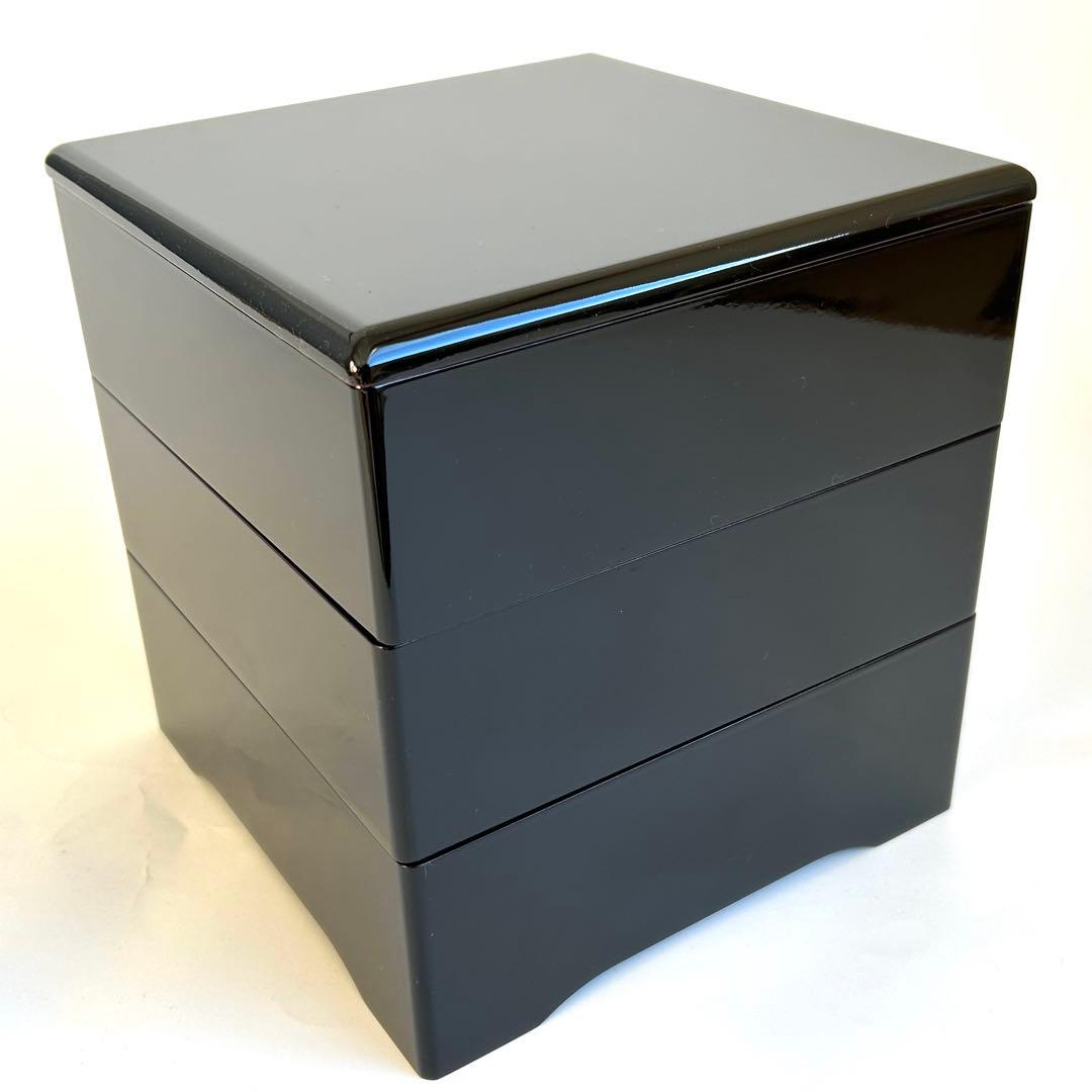 【美品】木製 漆器 三段重 黒塗 重箱 お重 黒 内朱 会津塗り