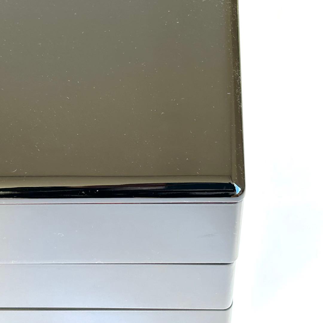 【美品】木製 漆器 三段重 黒塗 重箱 お重 黒 内朱 会津塗り