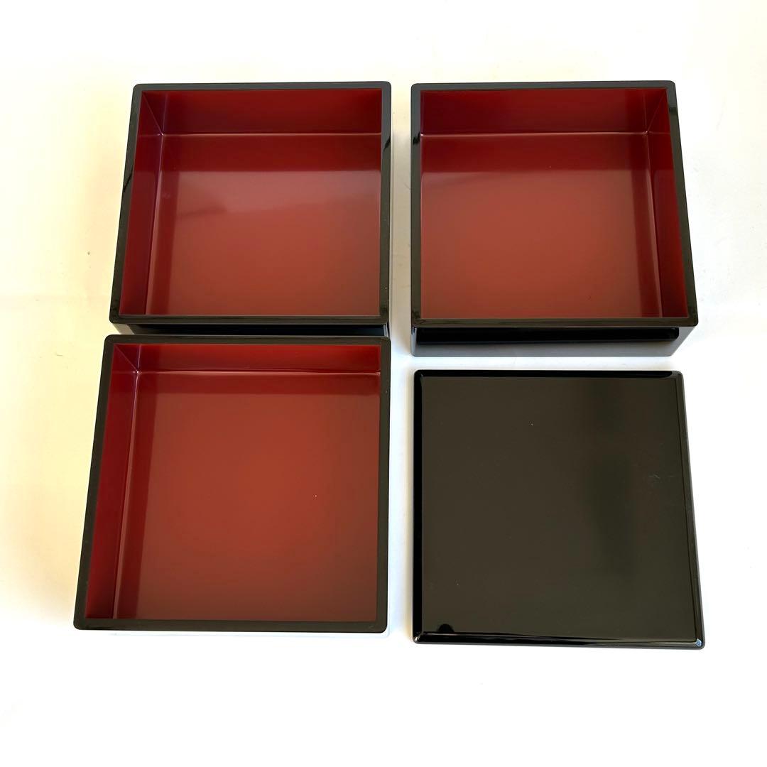 【美品】木製 漆器 三段重 黒塗 重箱 お重 黒 内朱 会津塗り