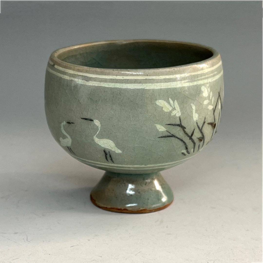 朝鮮美術 高麗青磁 鳥紋高足杯 盃 李朝 文房四宝 SN93