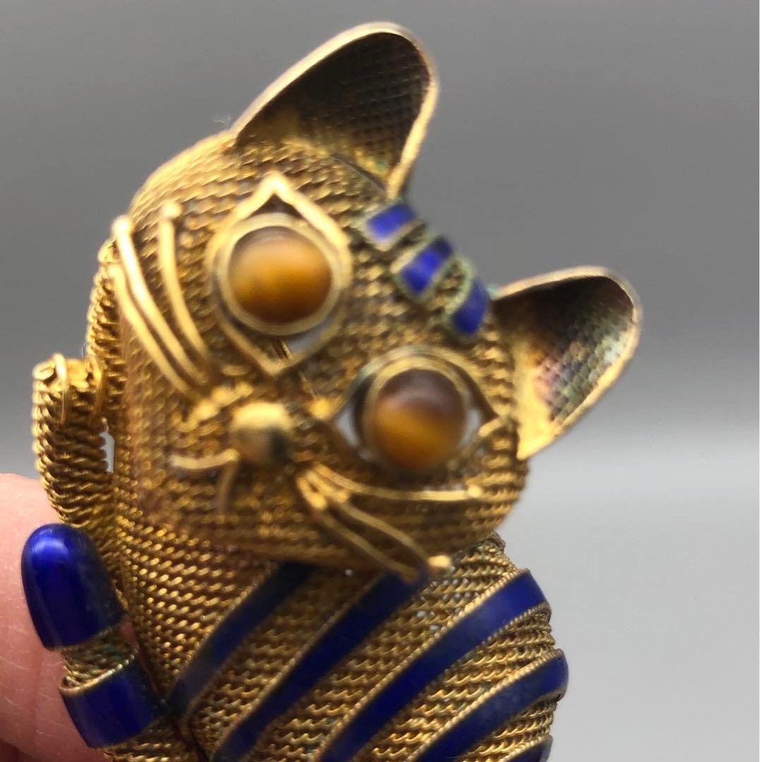 中国骨董品ゴールドメッキブルーエナメルメッシュタイガーアイキャット猫ピンブローチ