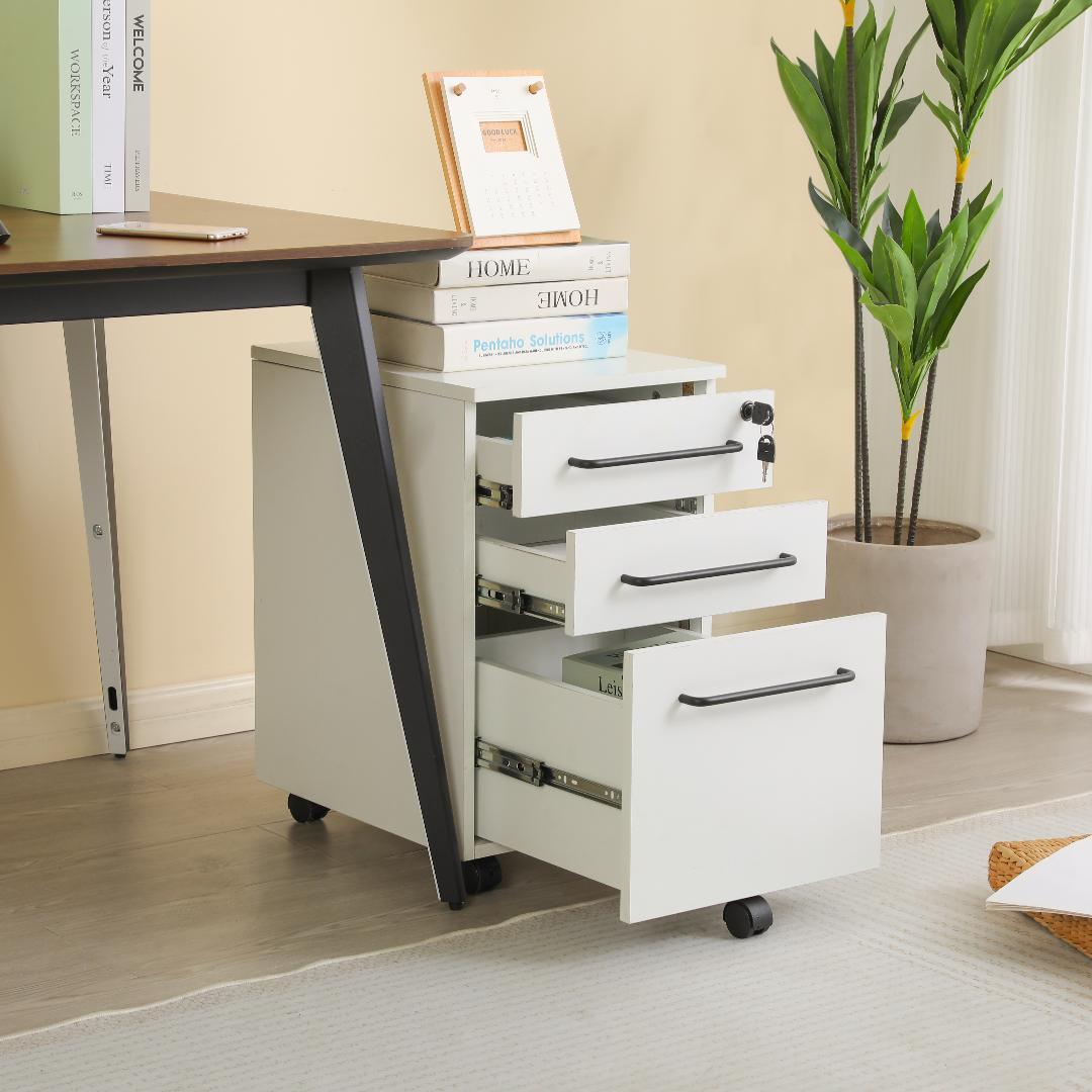 【ホワイト】デスクワゴン サイドワゴン 鍵付き キャスター付き 引き出し3段