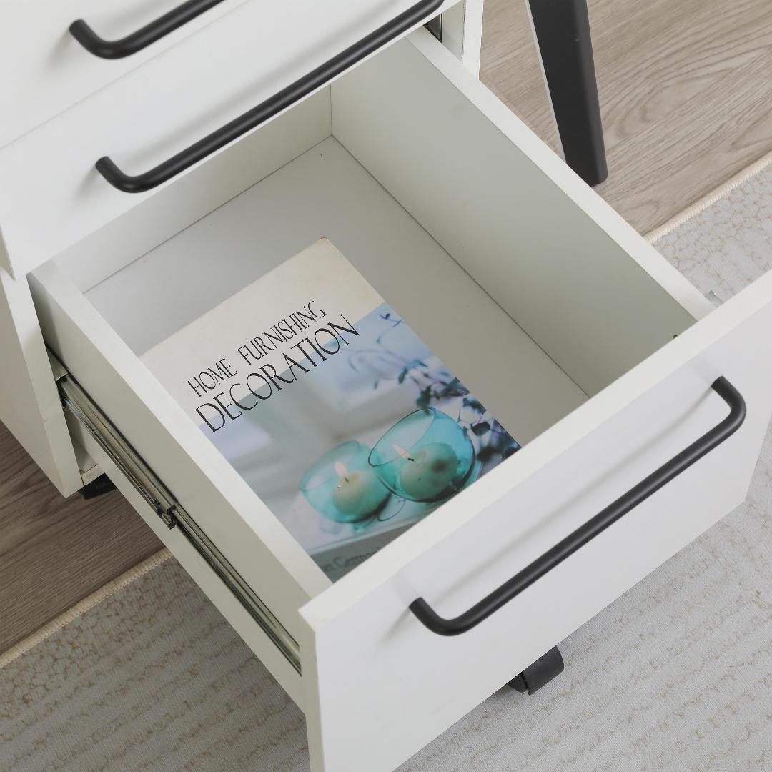 【ホワイト】デスクワゴン サイドワゴン 鍵付き キャスター付き 引き出し3段