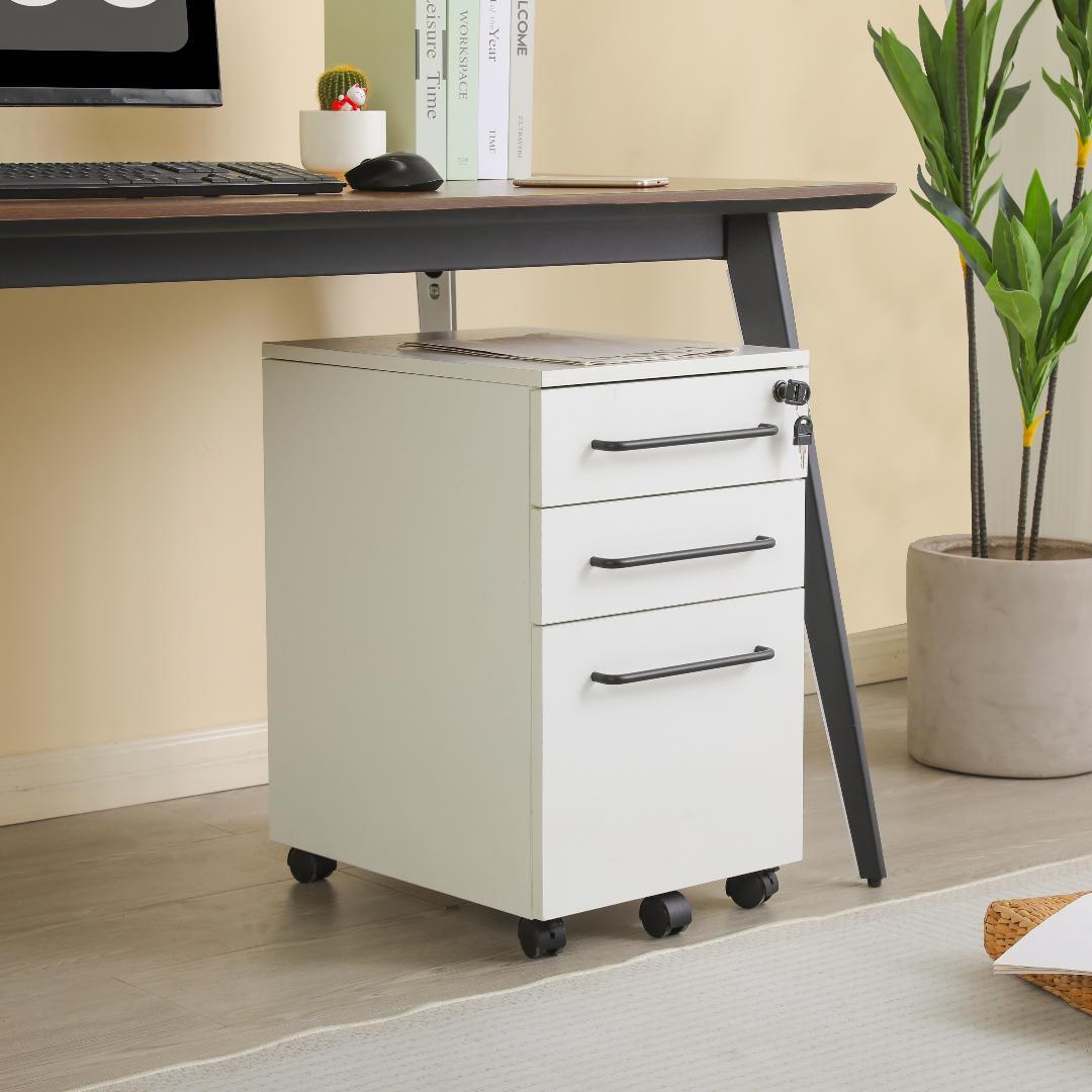 【ホワイト】デスクワゴン サイドワゴン 鍵付き キャスター付き 引き出し3段
