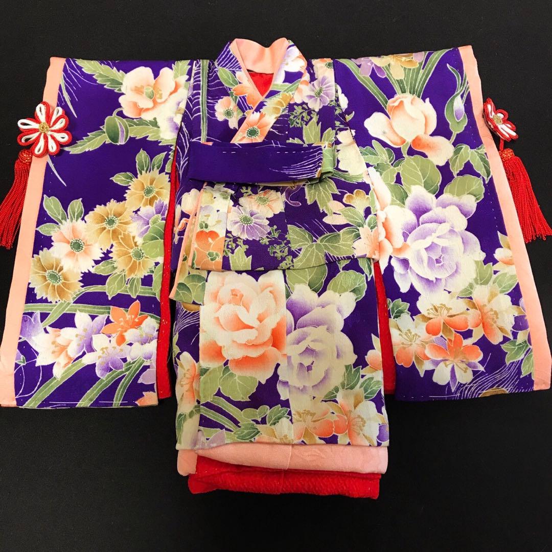 ＊ 市松人形 8号 薔薇 錦紗縮緬 アンティーク 袷 着物 ＊ ドール 人形