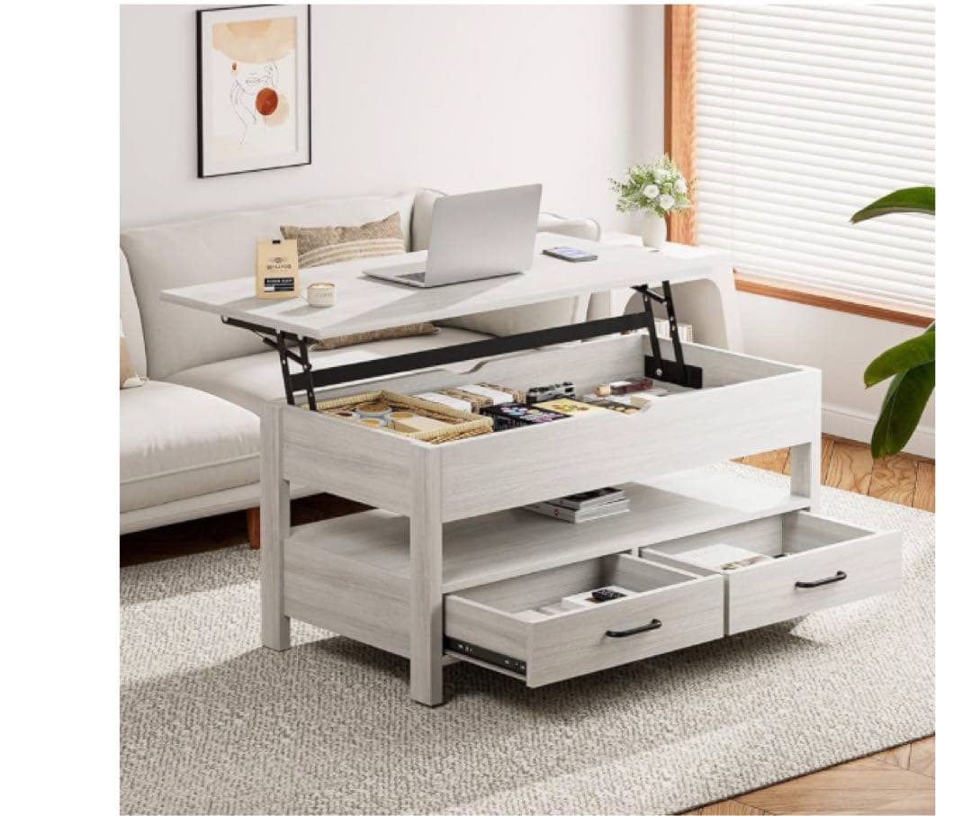 ローテーブル 昇降式 木製 コーヒーテーブル 引き出し付き 収納付き