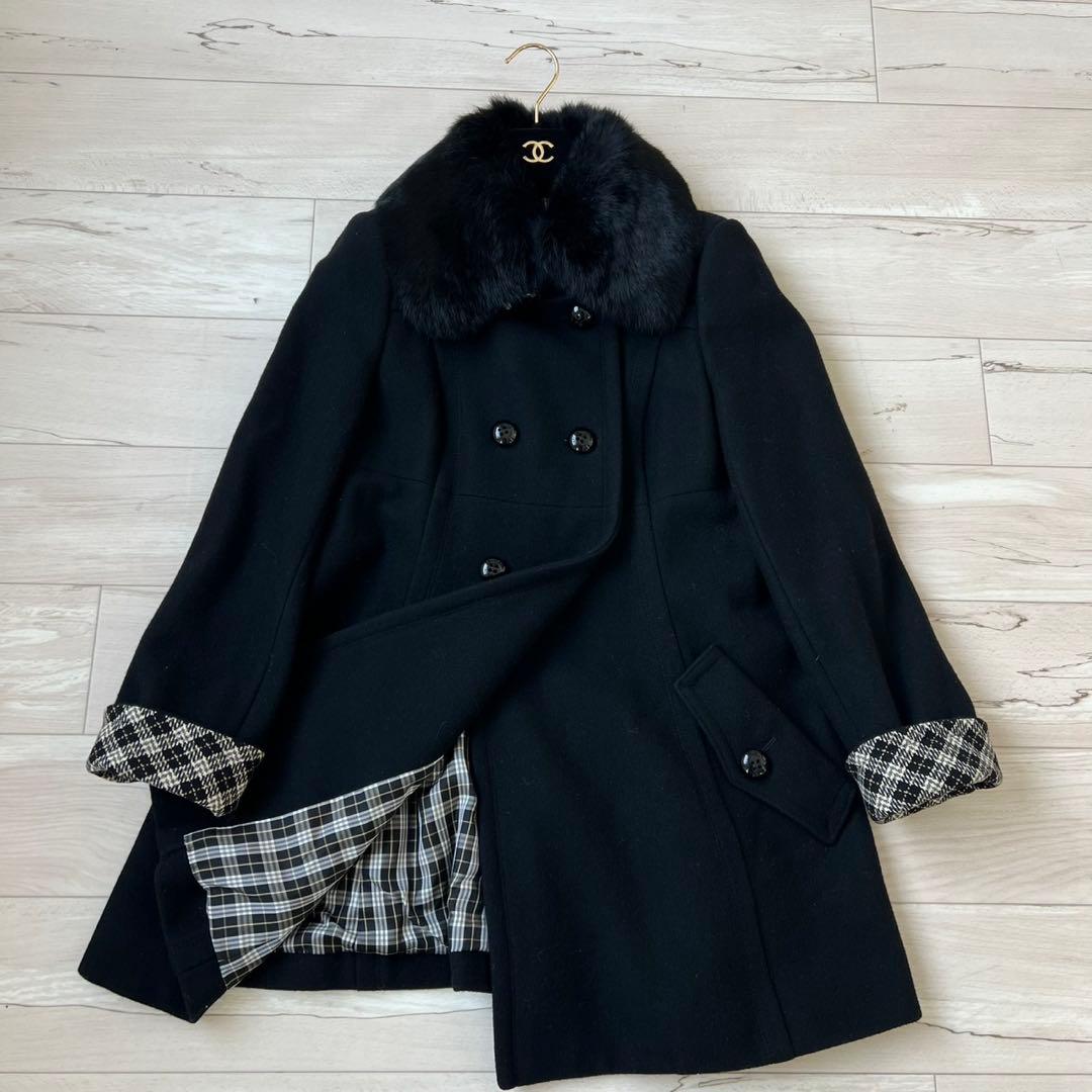 バーバリーブルーレーベル　ロングコート　ダブル　チェック　ラビット　2way