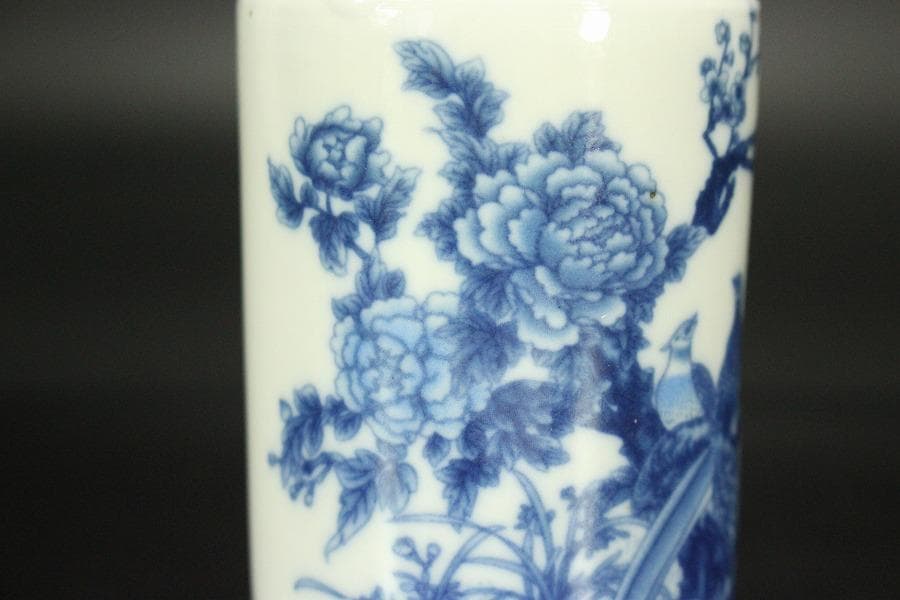 中国美術 青花 花鳥紋 筆筒 乾隆年製 高8cm 文房具(HA414)