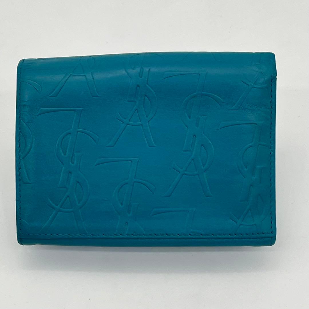 イヴサンローラン 二つ折り財布 カサンドラ YSLロゴ ライトブルー レザー