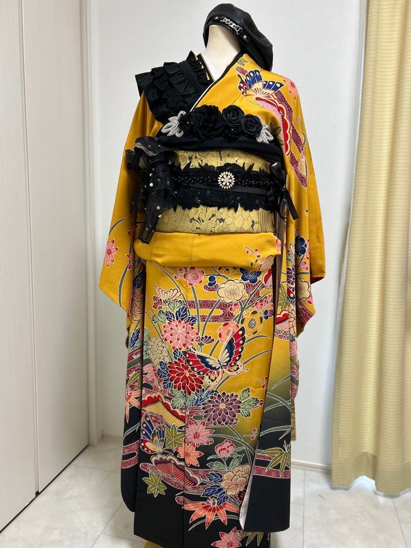 振袖フルセット　からし色系　イエロー系　モモ