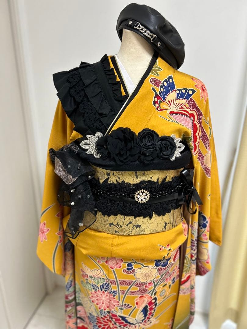振袖フルセット　からし色系　イエロー系　モモ