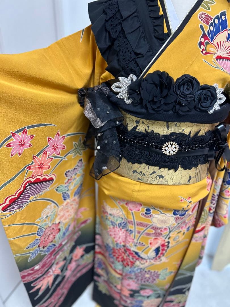 振袖フルセット　からし色系　イエロー系　モモ