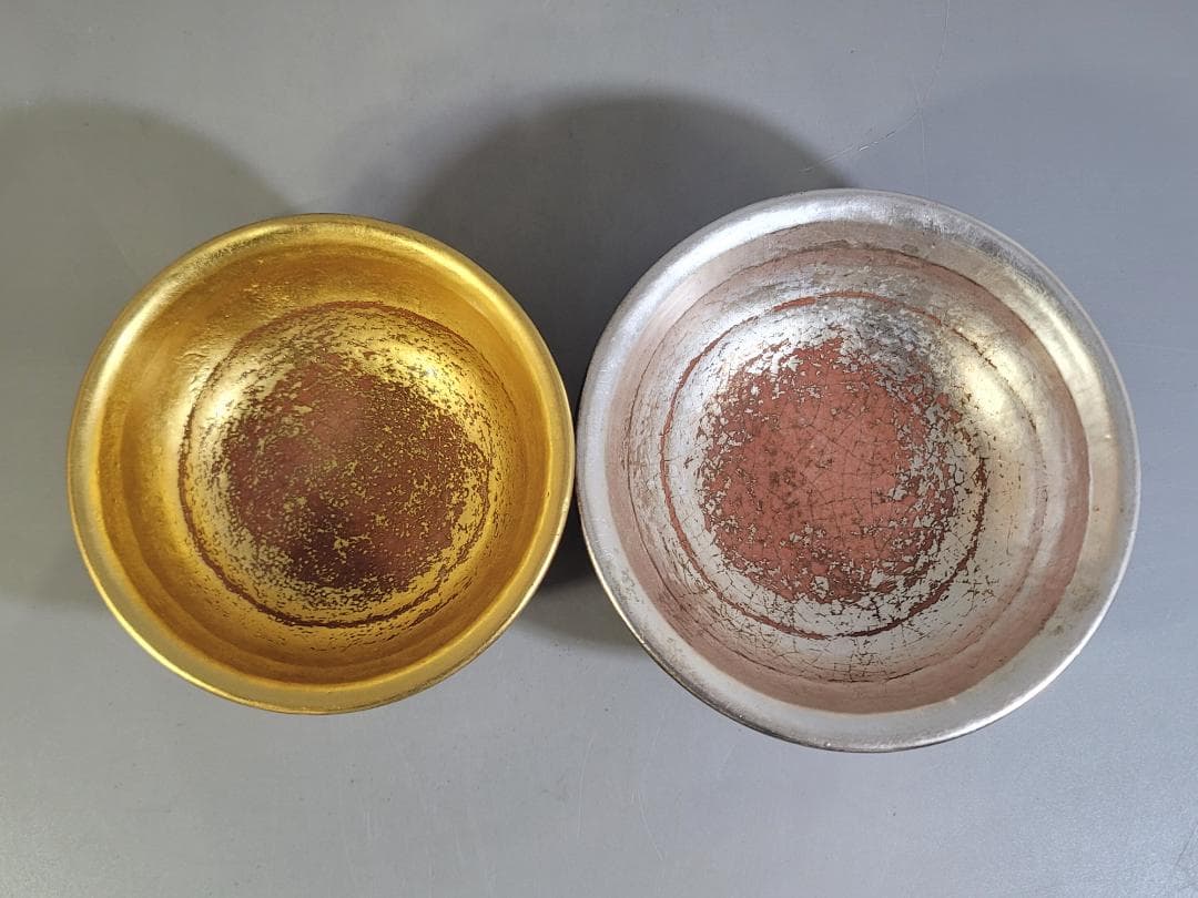 茶道具 嶋台茶碗 赤楽 金銀 一対 共箱 DT746