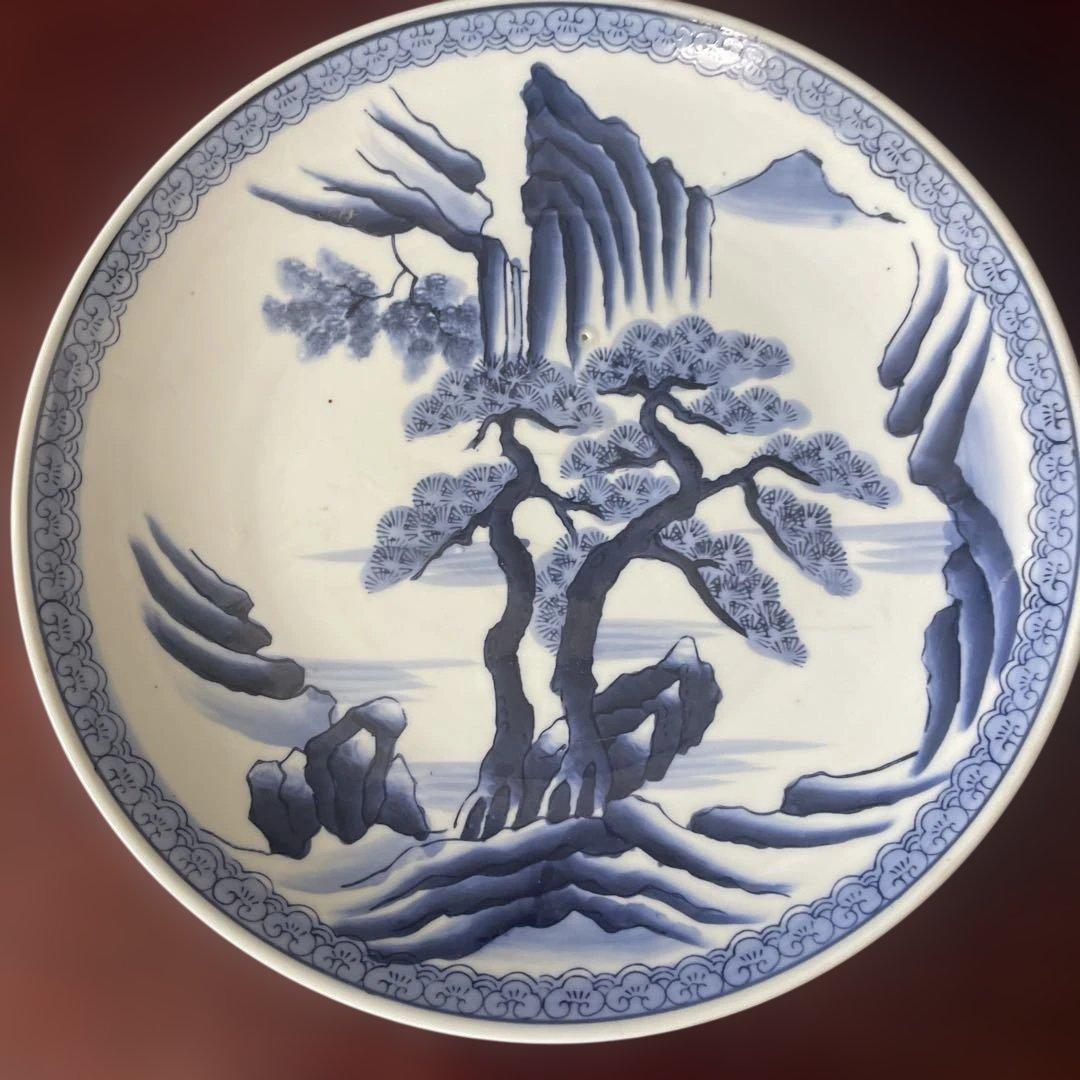 アンティーク　青白磁の風景画皿