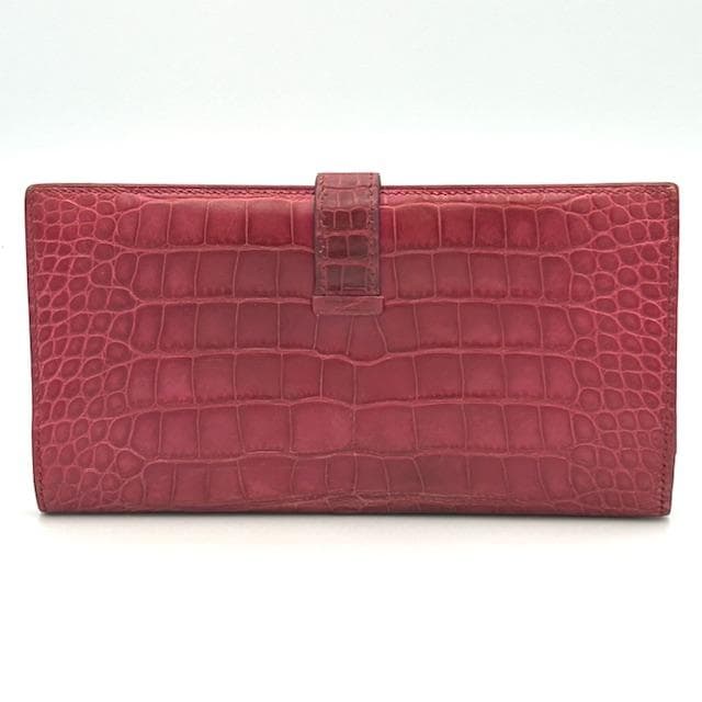 美品 エルメス HERMES ベアン アリゲーター ピンク 二つ折り長財布