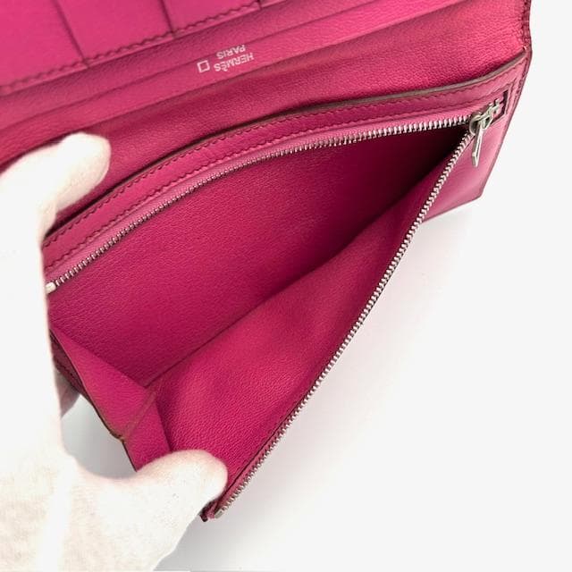 美品 エルメス HERMES ベアン アリゲーター ピンク 二つ折り長財布