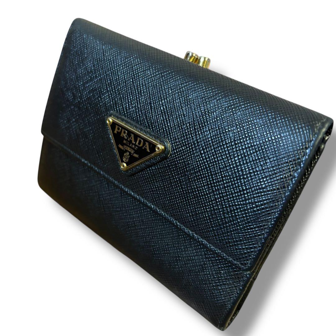 美品✨PRADA プラダ 財布 がま口 レザー 3つ折り ブラック 三角ロゴ