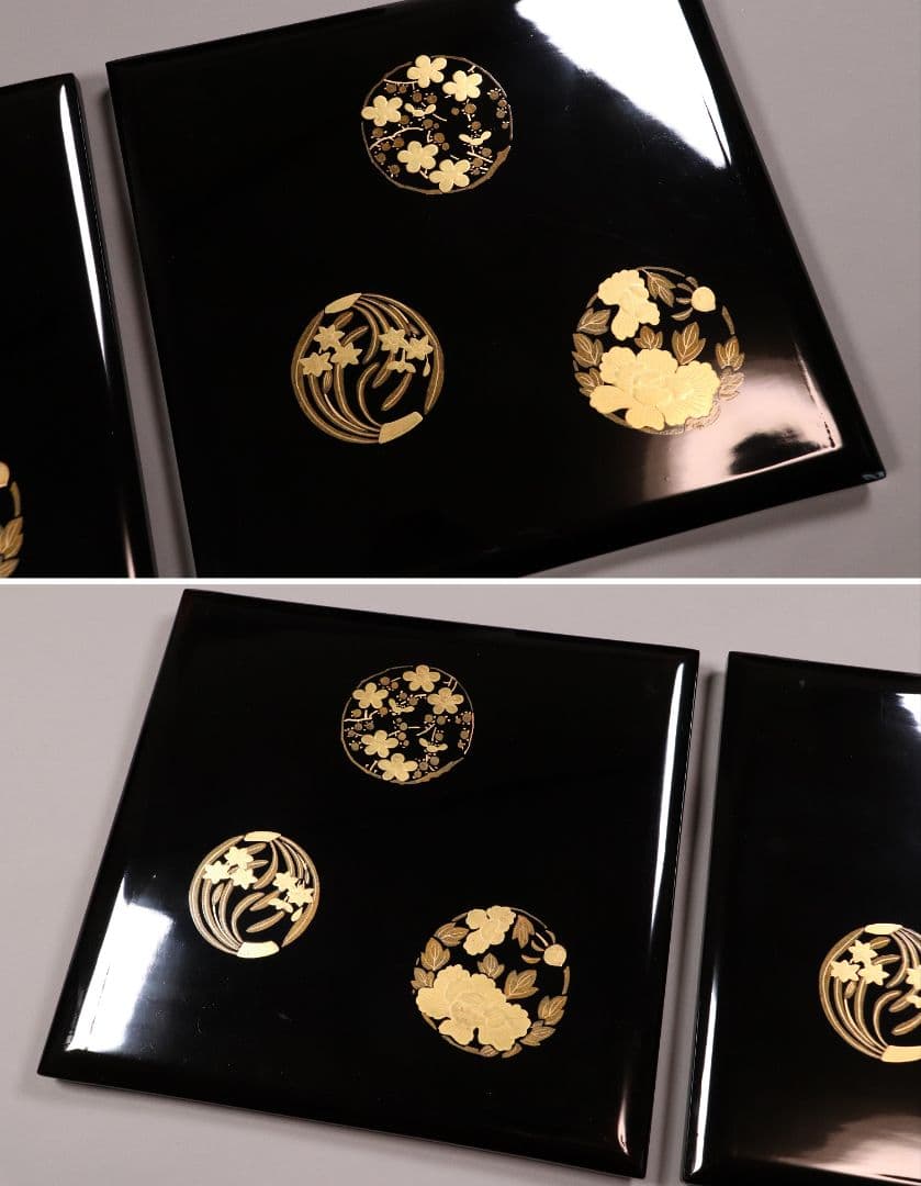 漆芸 木製漆器 丸に草花図 金蒔絵 二段重 重台 黒塗 朱塗 重箱【MA171】