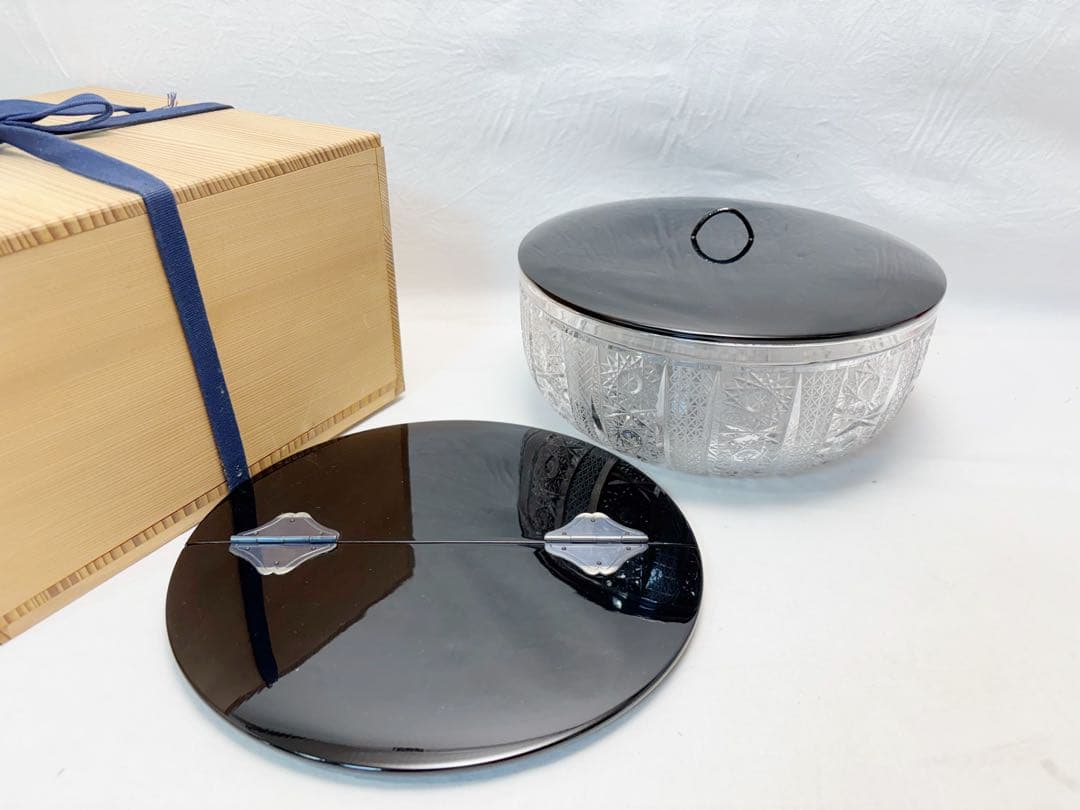 未使用 茶道具 ギャマン平水指 義山水指 替蓋付 クリスタル ガラス 水指 木箱