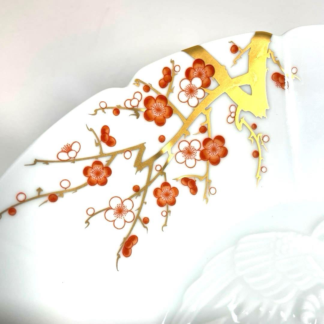 深川製磁 金彩紅白梅 鳳凰陽刻盛鉢 十二方割 飾皿