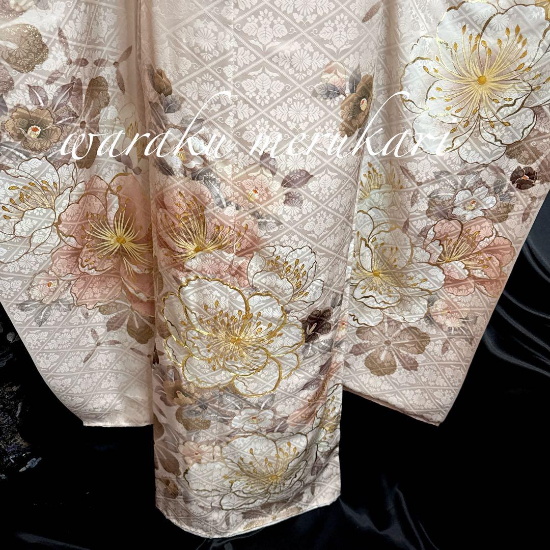 ◆豪華正絹振袖　くすみピンク、古典柄袋帯、牡丹柄、金駒刺繍、金彩加工