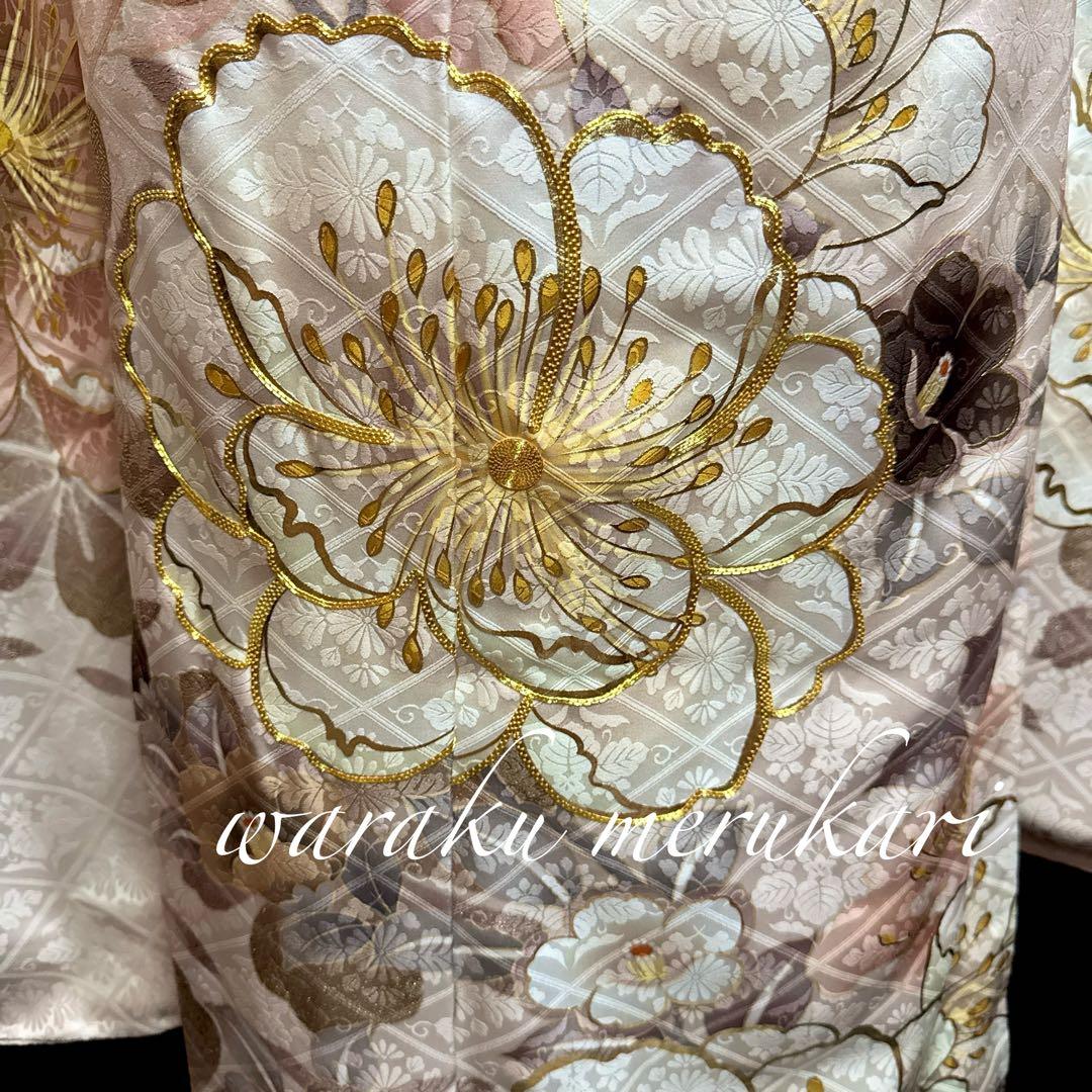 ◆豪華正絹振袖　くすみピンク、古典柄袋帯、牡丹柄、金駒刺繍、金彩加工