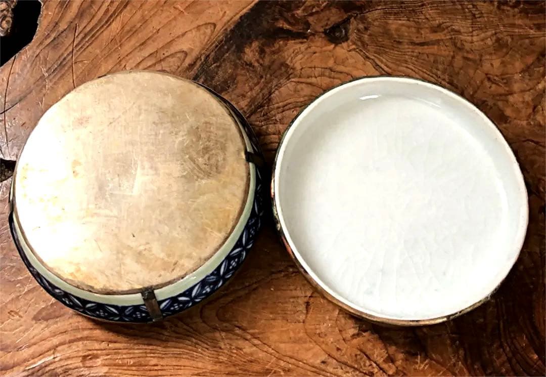 中国美術 時代 香合 銅金具 龍球遊鳳凰彫刻 染付 人物 松鶴紋 蓋物