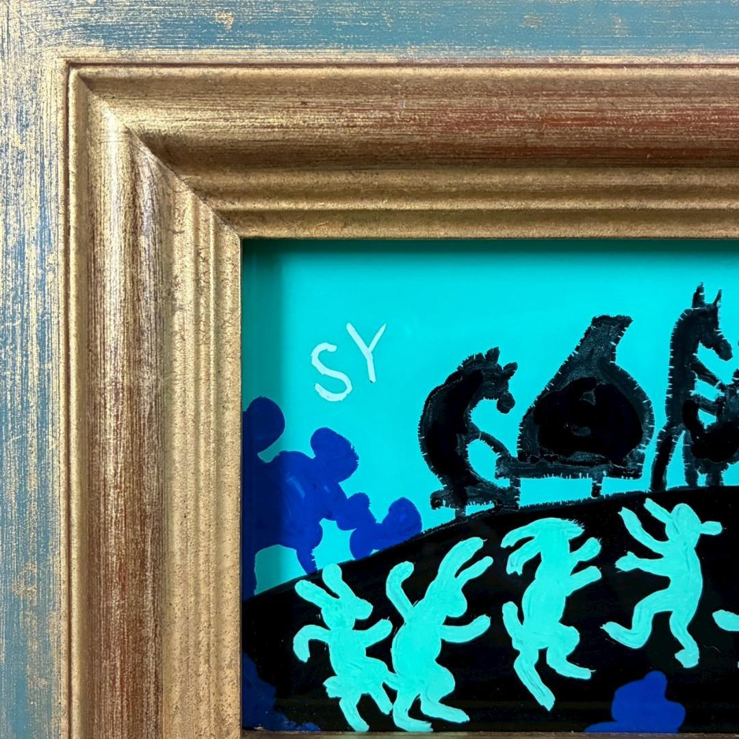 柚木沙弥郎「つきよのおんがくかい」ガラス絵 肉筆 直筆サイン入 共シール 民藝