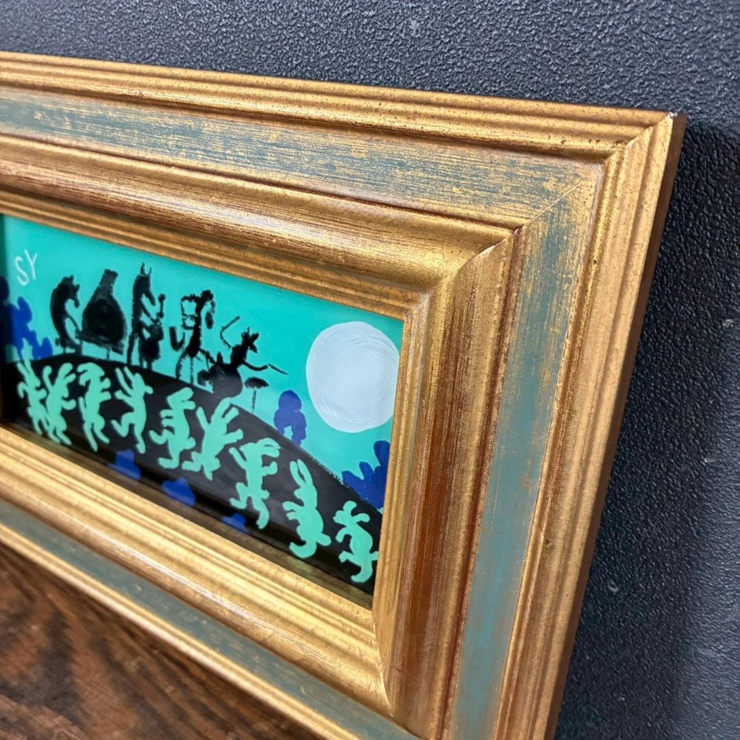 柚木沙弥郎「つきよのおんがくかい」ガラス絵 肉筆 直筆サイン入 共シール 民藝