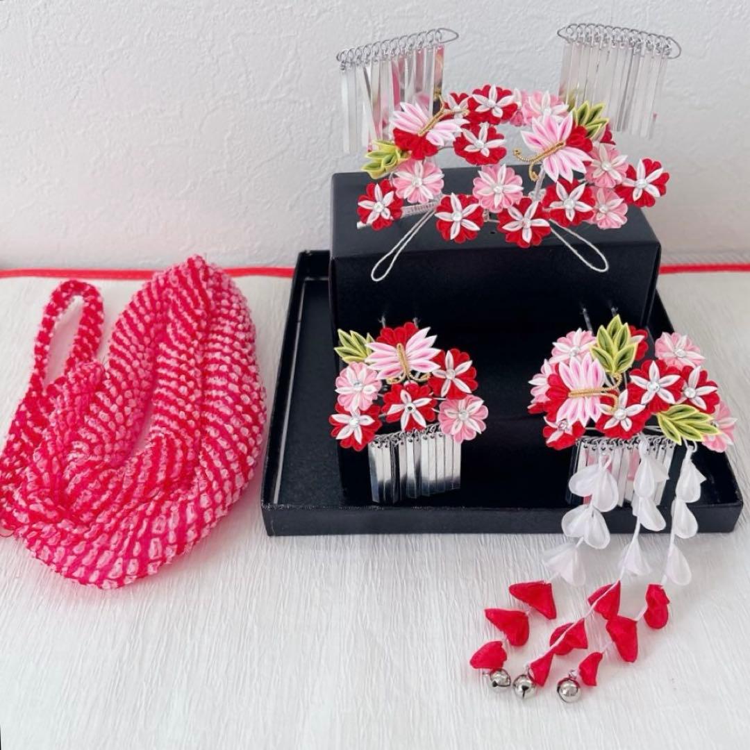 七五三　赤　ピンク　勝山かんざし　髪飾り　簪　かのこ　ちんころ　日本髪　７歳