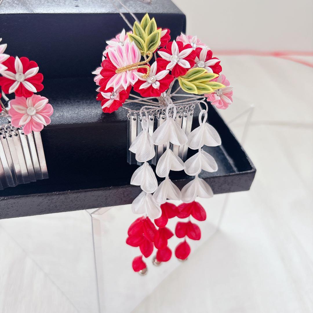 七五三　赤　ピンク　勝山かんざし　髪飾り　簪　かのこ　ちんころ　日本髪　７歳