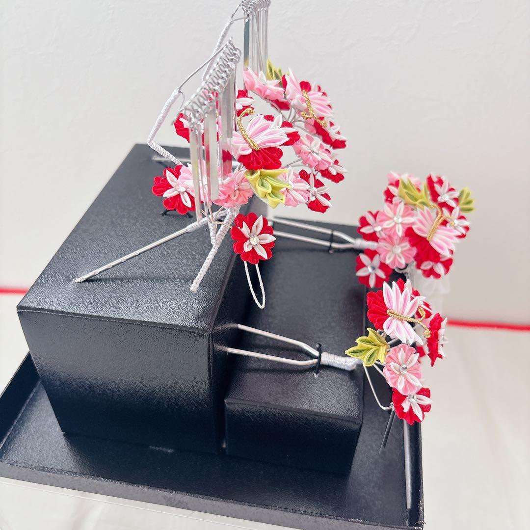 七五三　赤　ピンク　勝山かんざし　髪飾り　簪　かのこ　ちんころ　日本髪　７歳