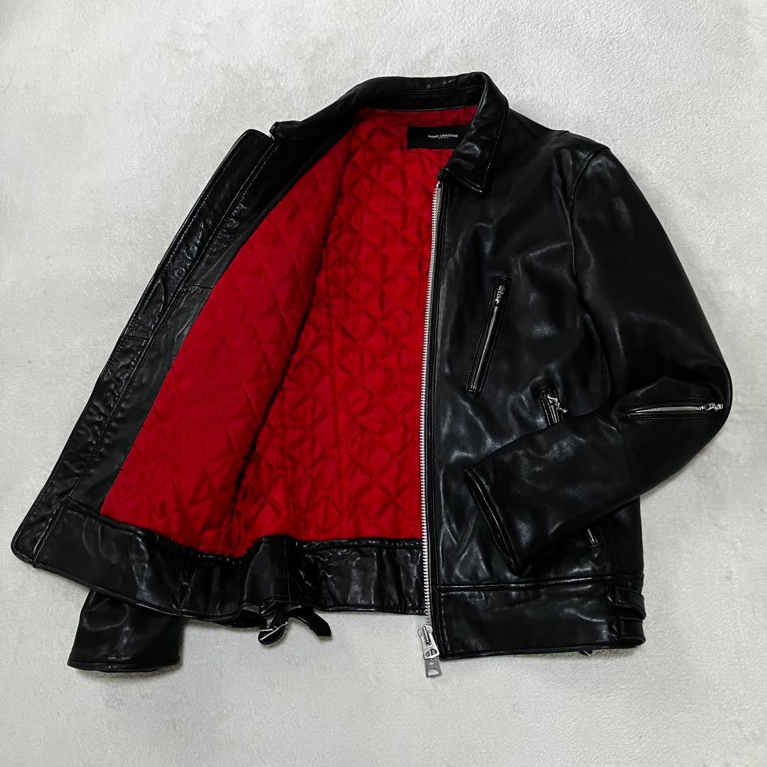 ナノユニバース ライダース L ラムレザー 黒×赤 キルティング サーモライト