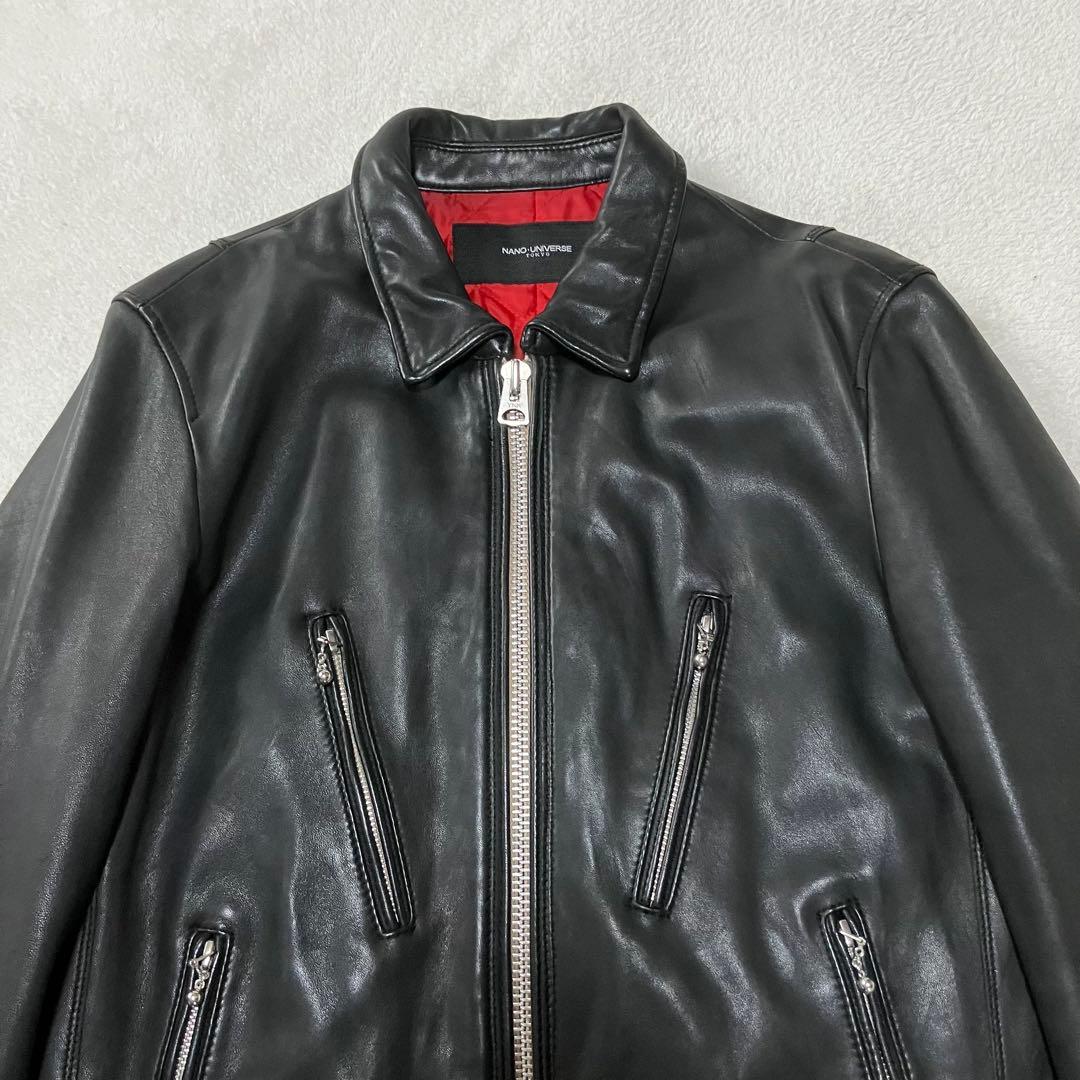ナノユニバース ライダース L ラムレザー 黒×赤 キルティング サーモライト