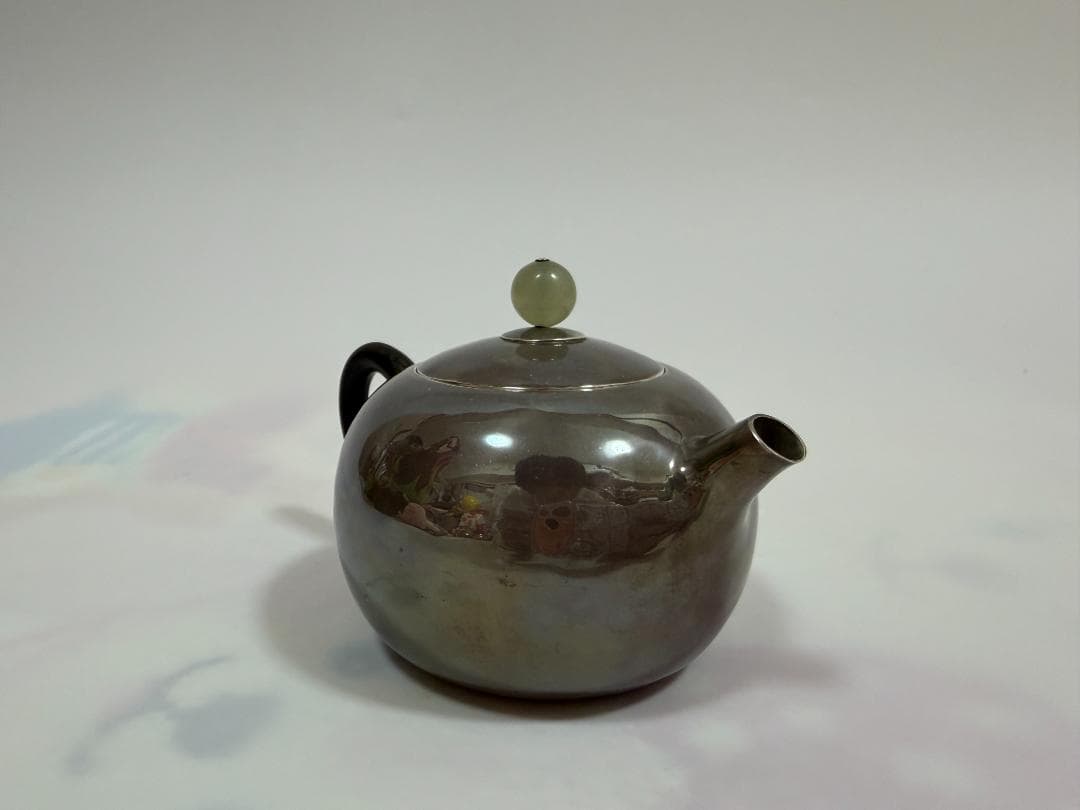純銀製 丸形 玉石摘 急須 銀瓶 煎茶道具