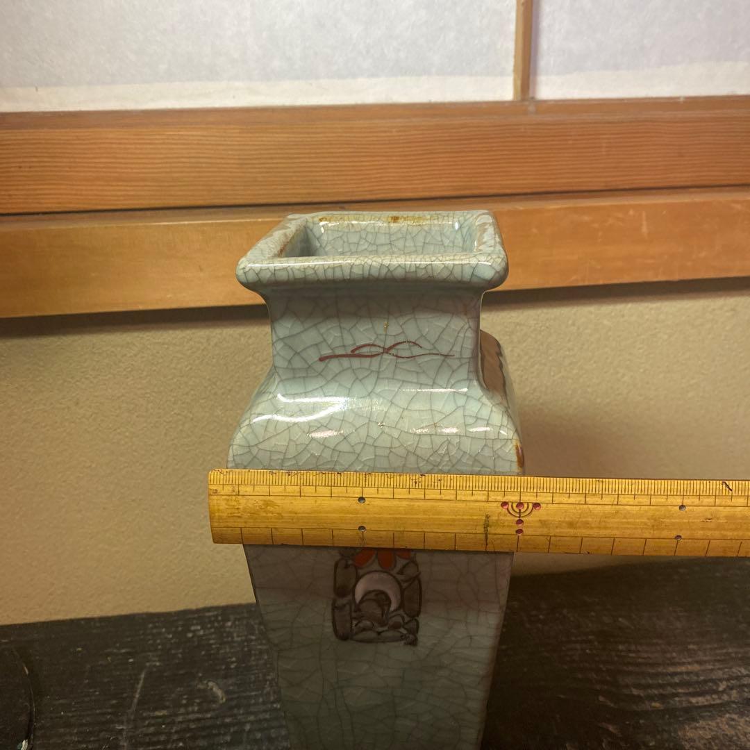 中国古玩　青磁色絵花瓶10cm25cm