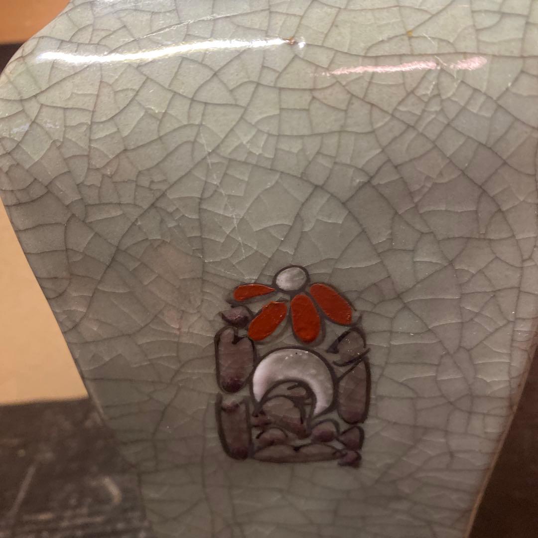 中国古玩　青磁色絵花瓶10cm25cm