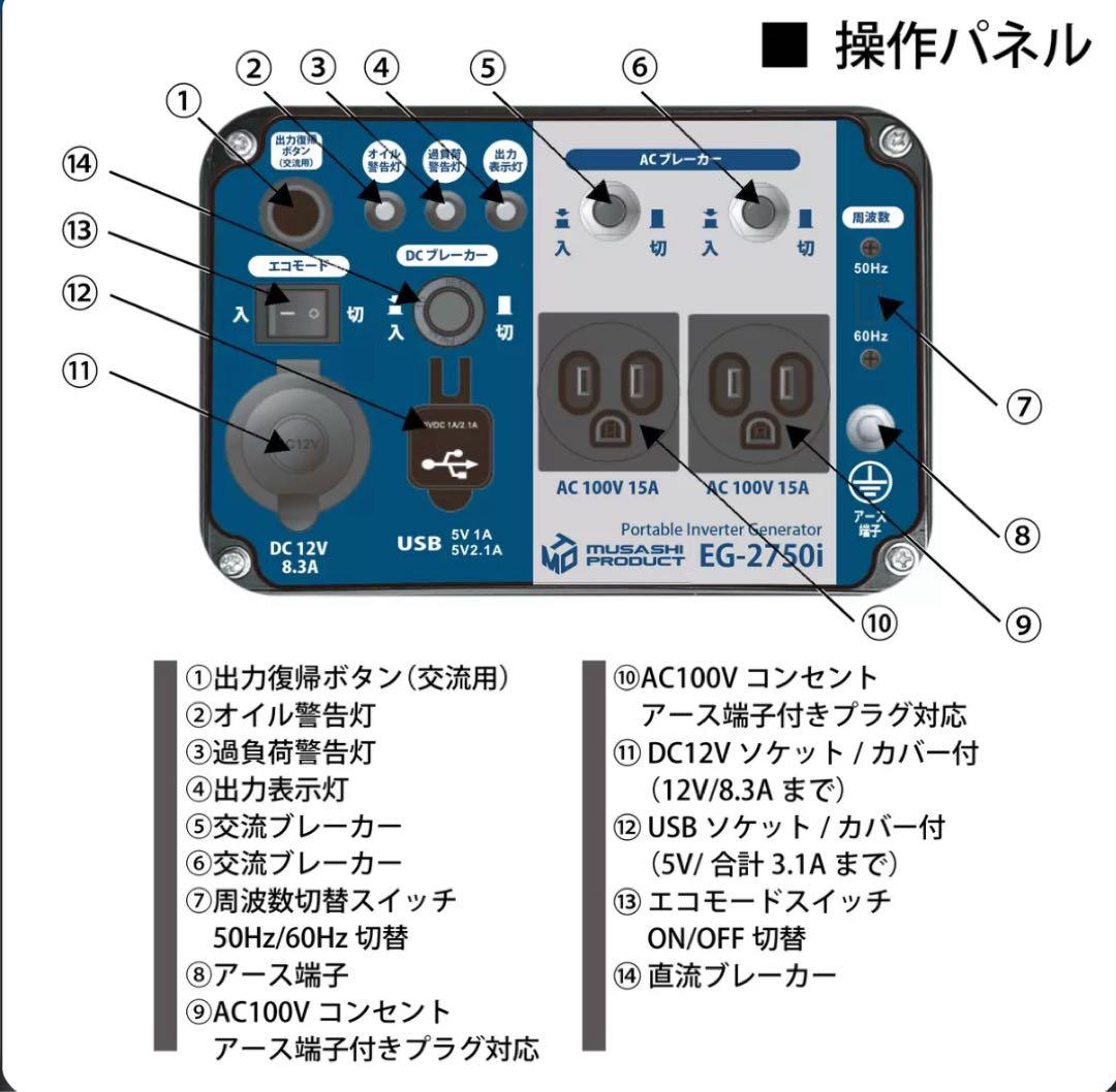 MUSASHI インバーター　発電機 50/60Hz 共用 EG2750I 新品