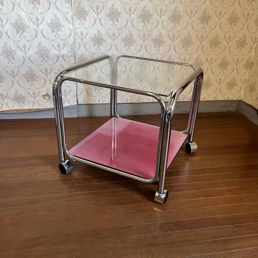 【アンティーク】アイアンフレーム ガラステーブル サイドテーブル キャスター付き