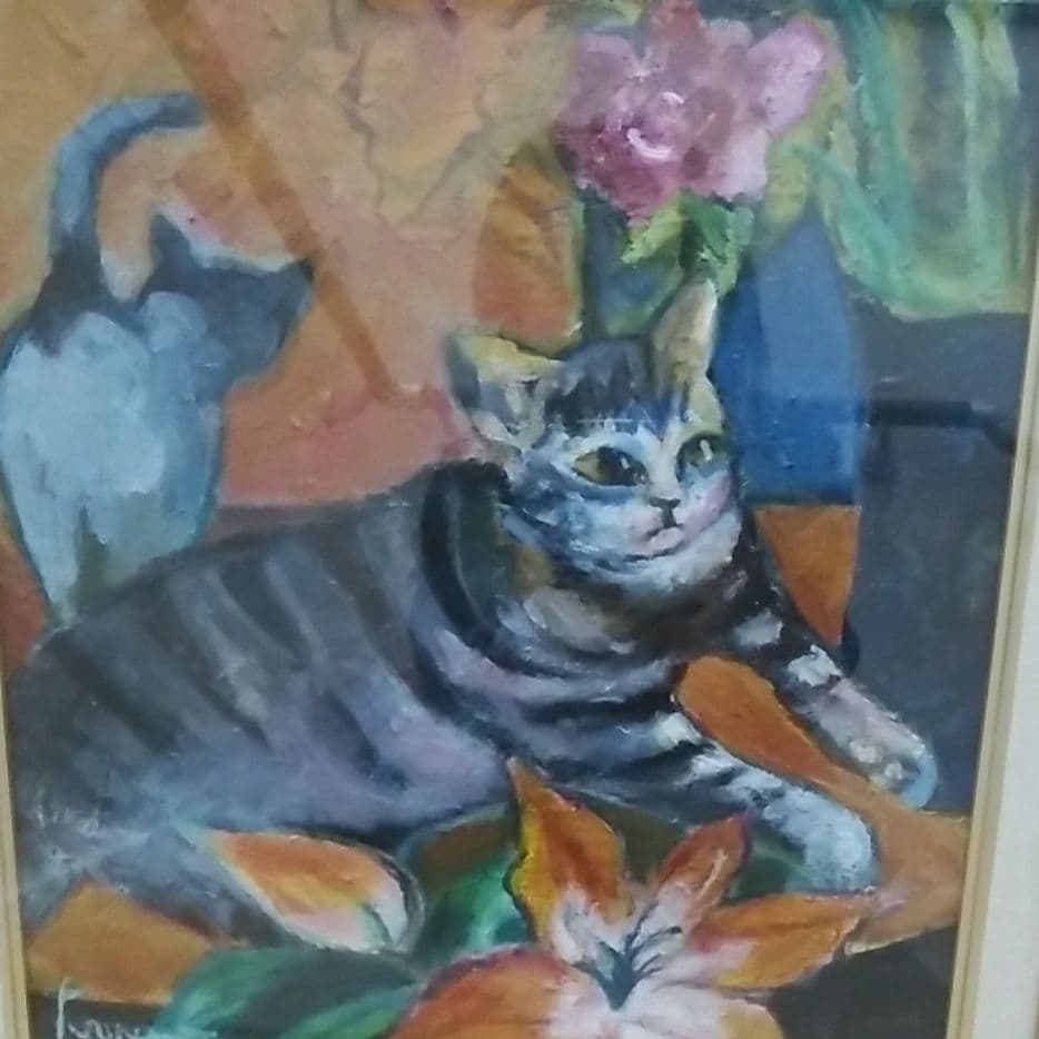 ＊猫油絵　油彩 『猫と花』6F 亀本よし子 (直筆サイン入り)