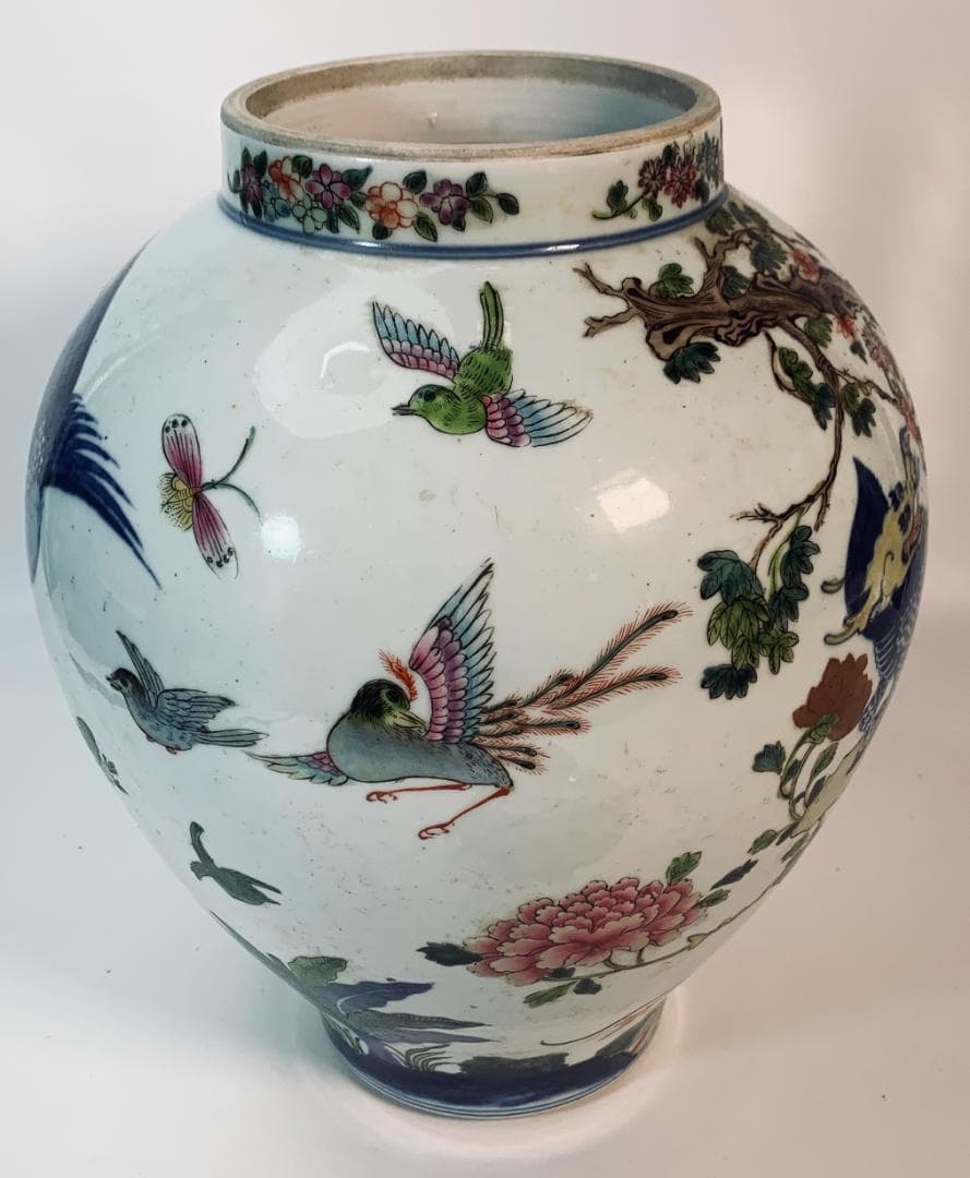 民国前期 景徳鎮 粉彩五彩 将軍罐 大型 有蓋壺／鳳凰・麒麟・花鳥図 約43cm