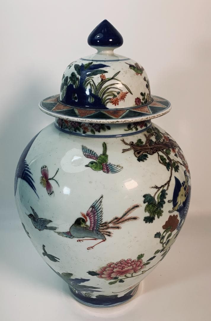 民国前期 景徳鎮 粉彩五彩 将軍罐 大型 有蓋壺／鳳凰・麒麟・花鳥図 約43cm