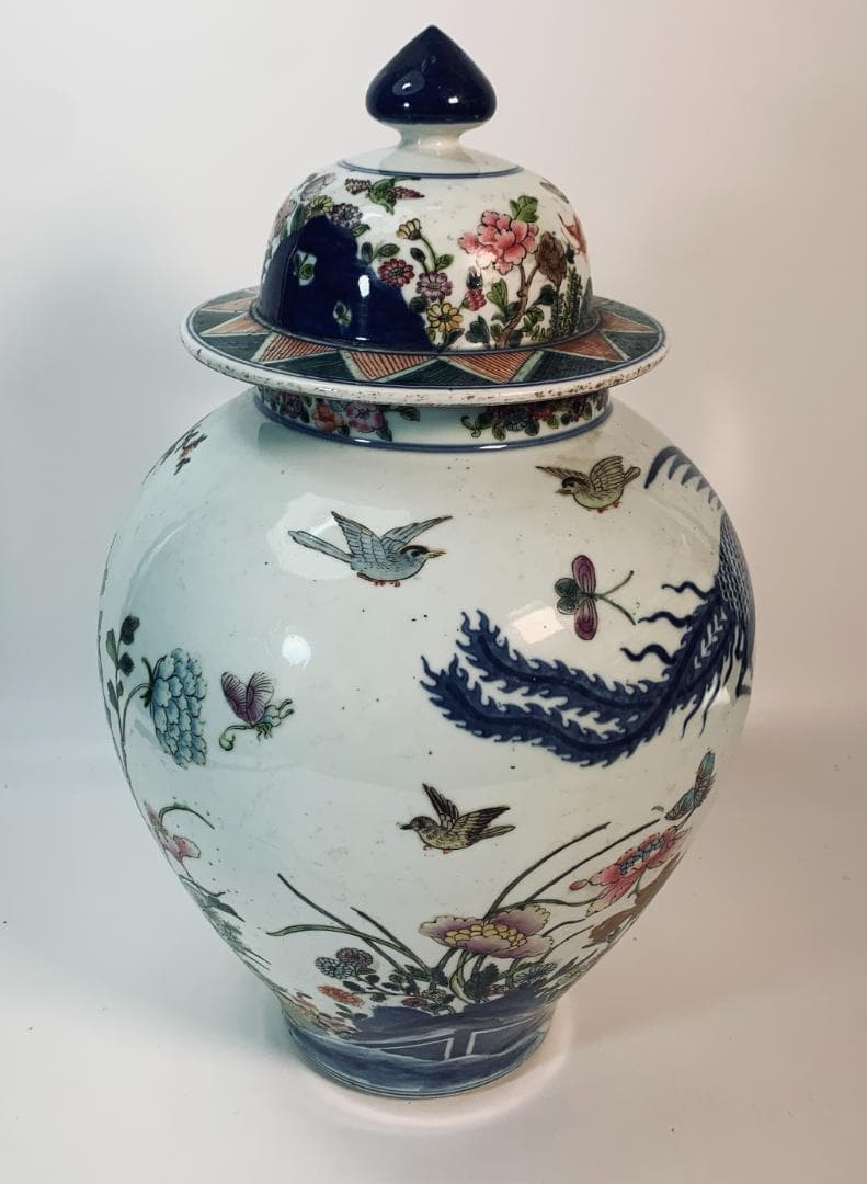 民国前期 景徳鎮 粉彩五彩 将軍罐 大型 有蓋壺／鳳凰・麒麟・花鳥図 約43cm