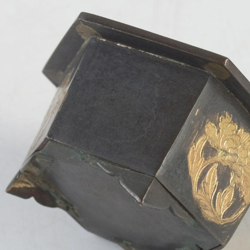 中国　古銅　金彩　花草文　小さな香炉　V　9641