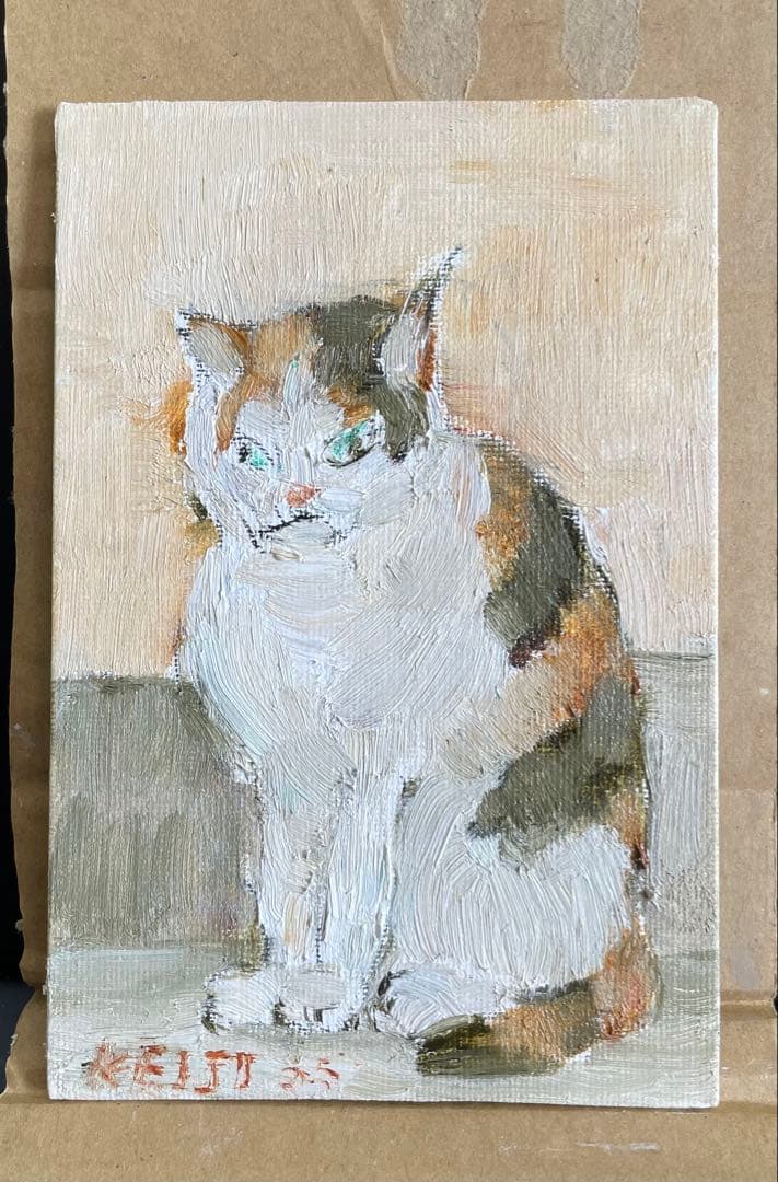 【鶴林】猫の油彩画 小型と猫 水彩画